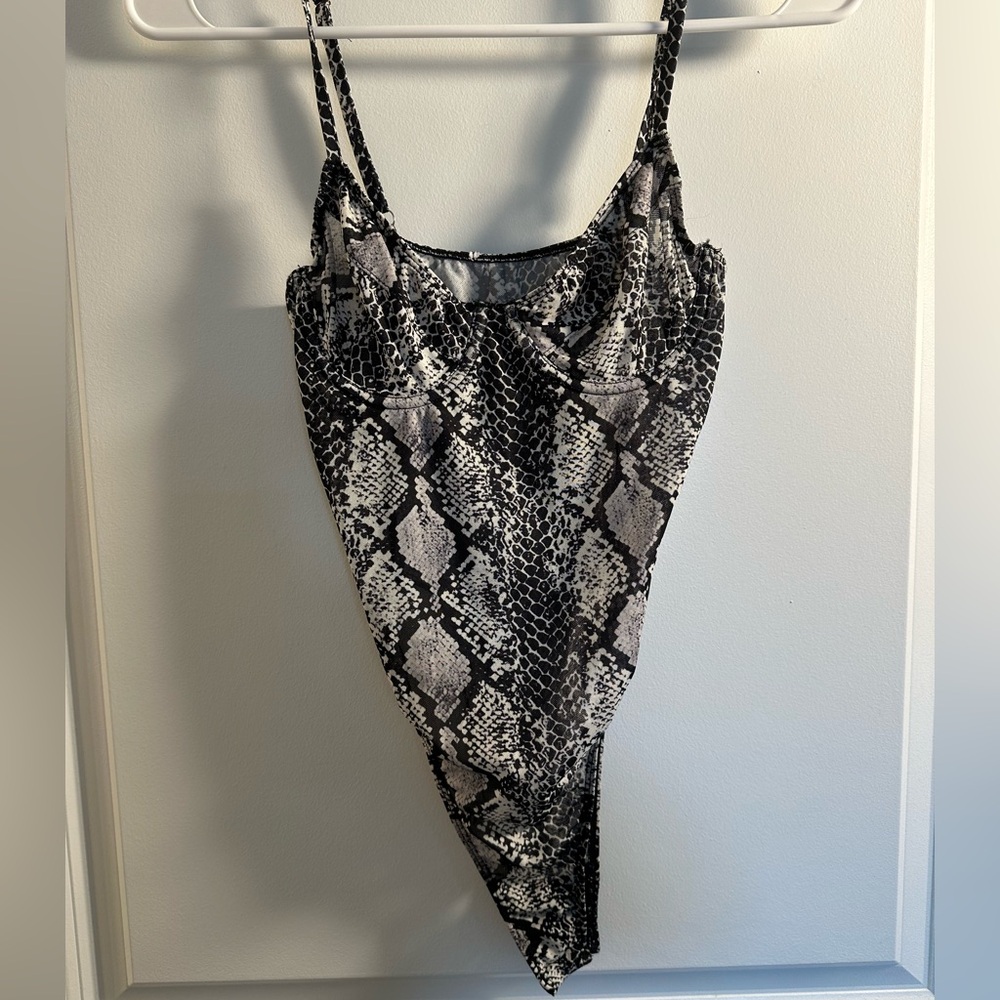 Windsor Black and White Snake Print Sheer Bodysuit with Underwire and Snaps